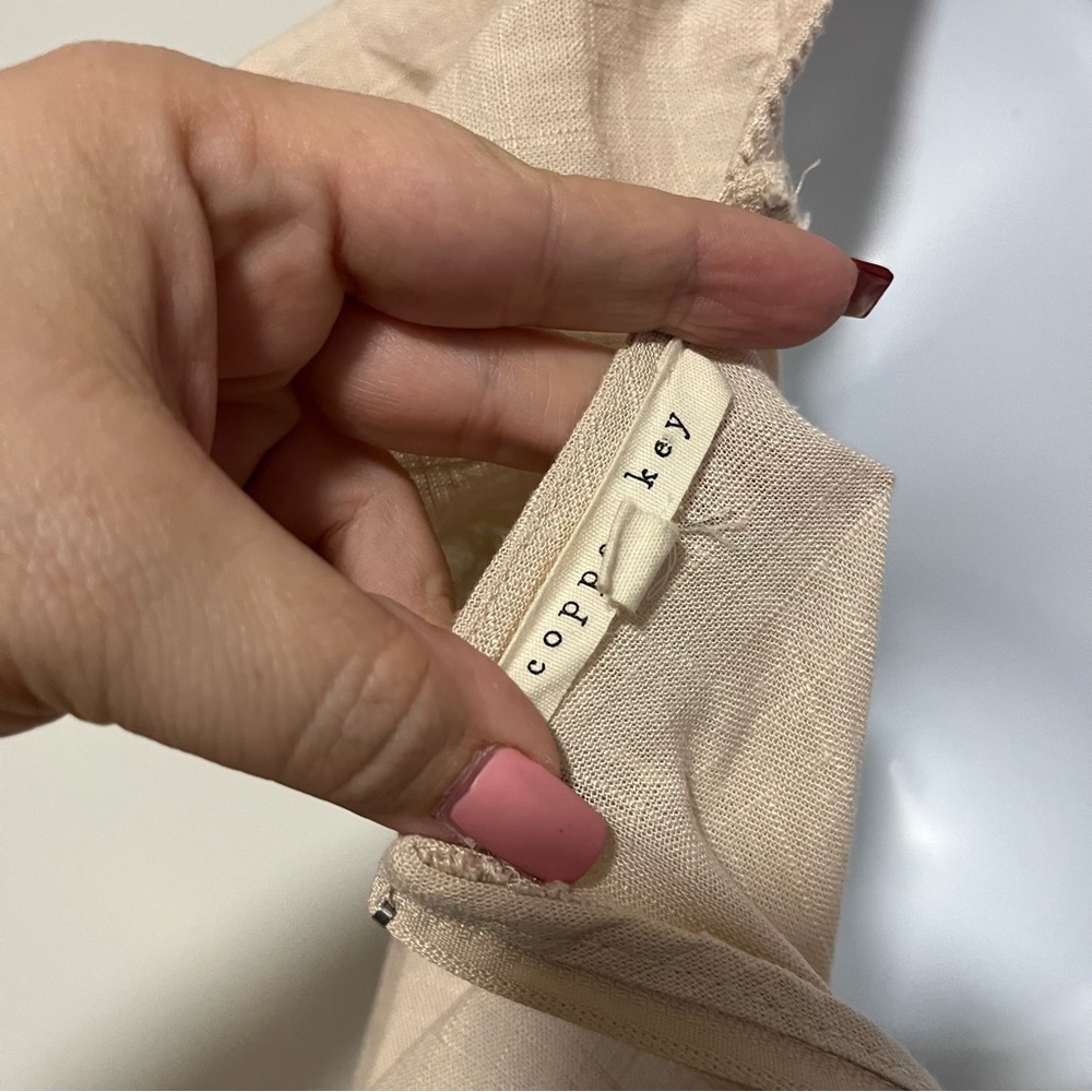 Tan Linen Mini Sun Dress Tie Front Ruffle Sleeves Line Size Small Spring Easter - Picture 8 of 10